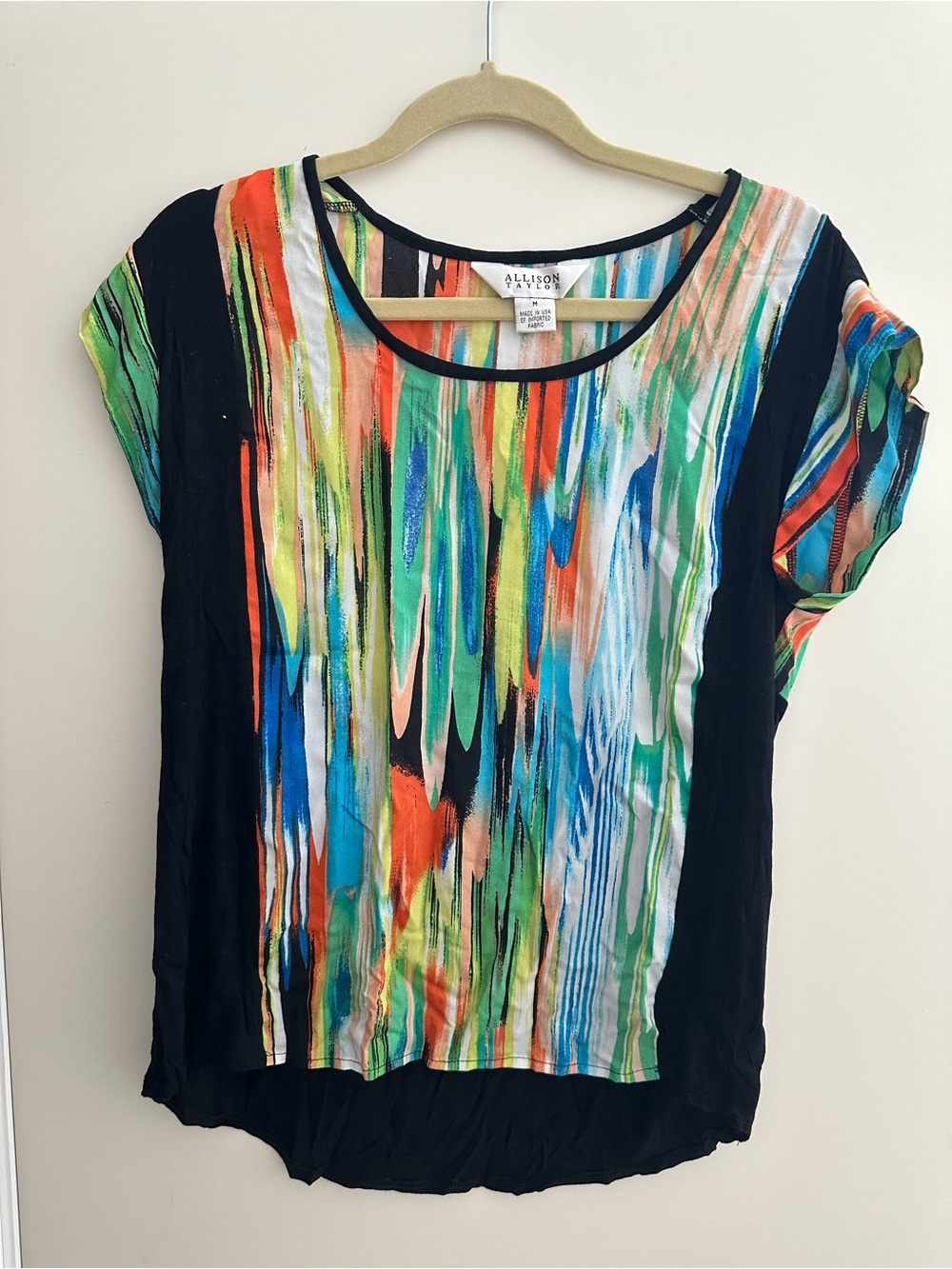 Allison Taylor Multicolor Watercolor Stripe Short Sleeve Top with Black Trim M